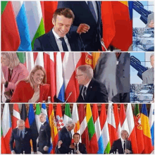 a collage of photos of people standing in front of flags