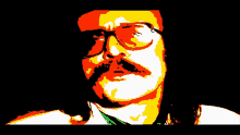 a man with glasses and a mustache is shown in a colorful image