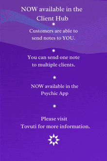 a purple background with the words now available in the client hub at the top