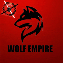 a logo for wolf empire with a black wolf on a red background