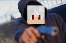 a person in a hoodie with a pixelated face holding a gun