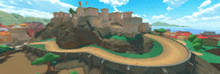 a blurred image of a video game scene with a castle in the background