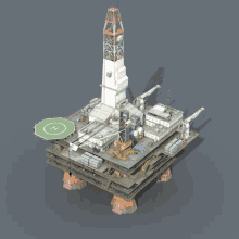 a model of an oil rig with a green circle with the letter h in it