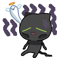 a cartoon drawing of a black cat with a ghost in the background