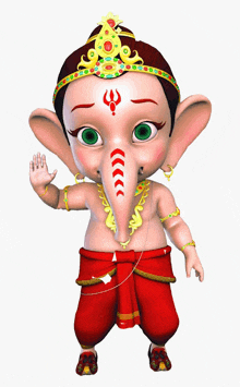 a cartoon drawing of a baby ganesha with green eyes