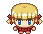 a pixel art drawing of a girl with blonde hair and red pants .