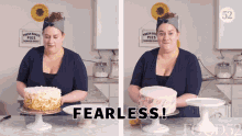 a woman is holding a cake in front of a sign that says " fresh baked pies served daily "