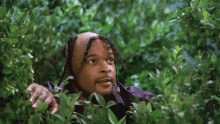 a man is peeking out from behind a bush .