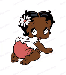 a baby girl with a flower in her hair is crawling on a white background