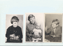 three black and white photos of a woman holding a baby