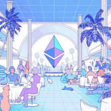 a drawing of people in a room with a purple ethereum logo