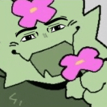 a cartoon character with a pink flower on his head is holding a pink flower in his mouth .