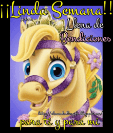 a cartoon horse with a purple bridle and a crown on its head