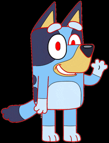 a blue cartoon dog with red eyes is waving his hand