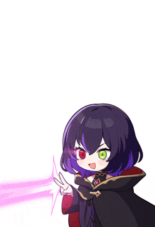 a girl with purple hair and green eyes is pointing at something