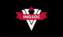 a logo for ingsoc with a red ribbon