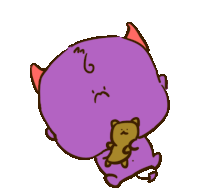 a cartoon of a purple monster holding a teddy bear with a sad face