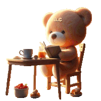 a teddy bear sits at a table reading a book with a.c. written on its face