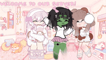 a welcome to our server advertisement with three girls in a room