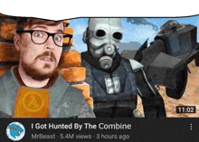 a man with glasses and a beard is standing next to a man in a gas mask in a video game .