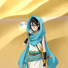 a drawing of a woman wearing a blue shawl and holding a sword