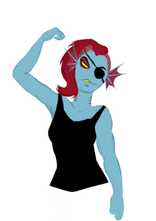 a cartoon drawing of a woman with red hair and blue skin