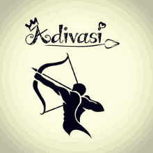 a black and white drawing of a man holding a bow and arrow with the word kodivasi written below him