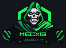 a logo with a skeleton in a green hood that says mecxis on it