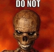 a skeleton is smiling and says `` do not '' in front of a fire .