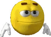 a yellow smiley face with brown eyes and white gloves