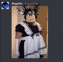 a picture of a person dressed as a maid with megadev written on the bottom right