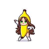 a girl in a banana costume is pointing