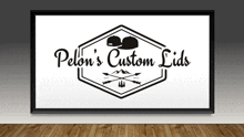 a logo for pelon 's custom lids hangs on a wooden floor