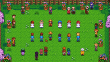 a group of people are standing in a grassy field in a video game