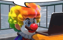 a clown looking at a laptop with a speech bubble above his head