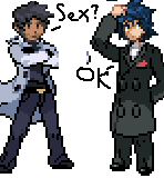 a pixel art of two men standing next to each other with the words sex and ok written on the bottom