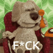 a teddy bear is sitting in a chair talking on a telephone with the words f * ck written below it