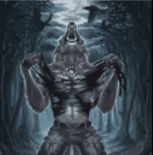 a painting of a werewolf with his mouth open in a dark forest