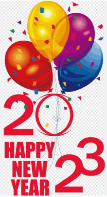 a happy new year greeting card with balloons and confetti