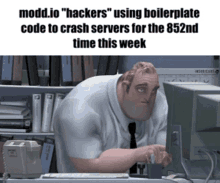 a cartoon character is looking at a computer screen with the caption modd.io " hackers "