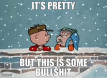 a cartoon of charlie brown and linus looking at each other in the snow