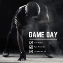 a football player getting ready to run with the words game day below him