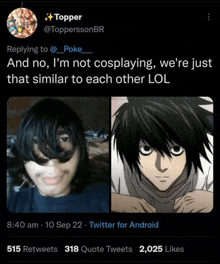 a person is cosplaying a character from death note and another person is cosplaying another character from death note .