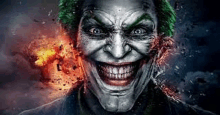 a close up of a joker 's face with a huge smile .