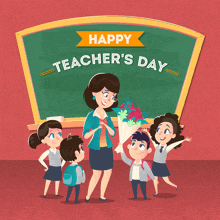 a happy teacher 's day greeting card with a teacher giving flowers to her students