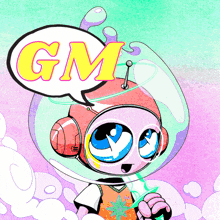 a cartoon character with a helmet and a speech bubble that says " gm "