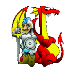 a cartoon of a knight holding a sword next to a red dragon .