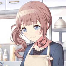 a girl with a ponytail and blue eyes is wearing an apron