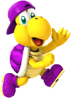 a yellow cartoon character with a purple hat and purple shoes