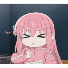 a pink haired anime girl is making a funny face while holding a piece of paper .